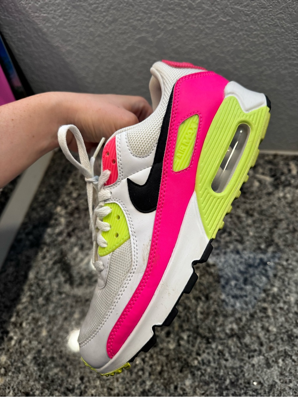Nike Women’s White Sneakers with Pink and Neon Yellow Accents Size 10